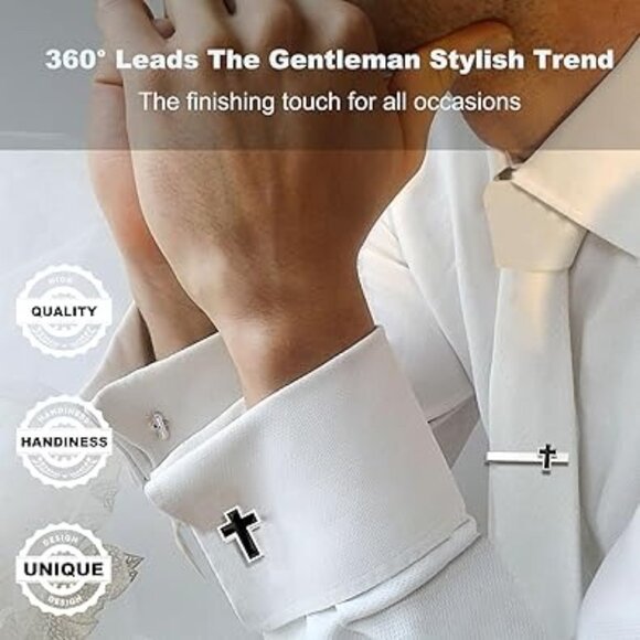 Cross Tie Clip with Cuff Links Set Stainless Steel with Black Cross - Picture 3 of 5